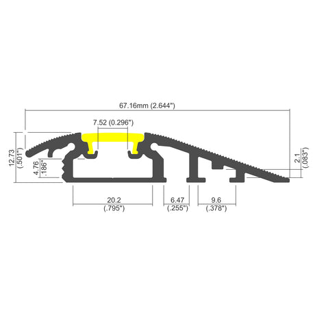 Cross-sectional diagram of the Floor Transition Strip LED Channel ~ Model Broadway, with detailed measurements in millimeters and inches. The yellow section highlights the central connector within the profile.