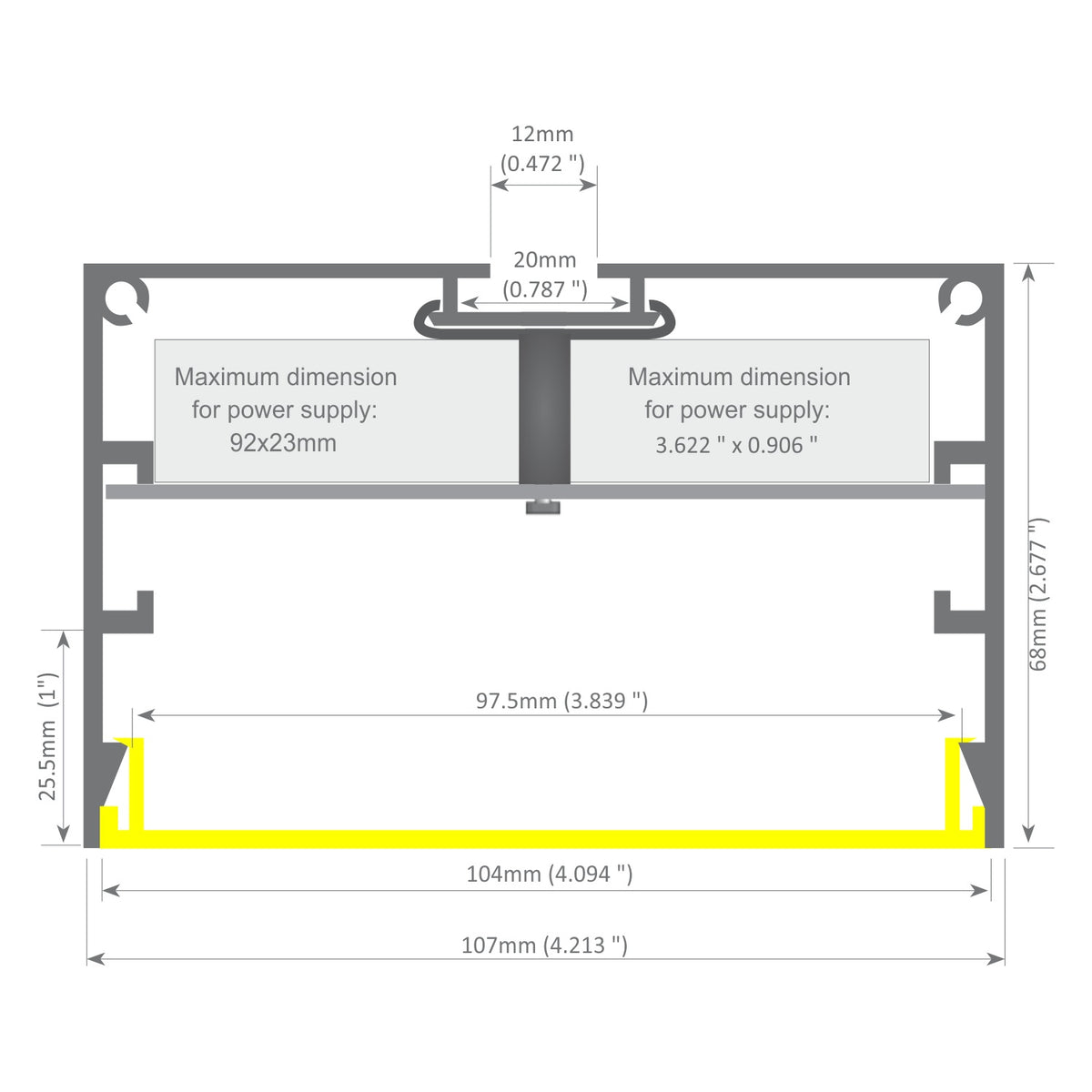 Cross-sectional diagram of the Large LED Linear Pendant Light ~ Model Bruselas, showing labeled dimensions: 107mm width, 68mm height, and a max internal power supply size of 92x23mm—ideal for commercial lighting setups.