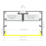 Cross-sectional diagram of the Large LED Linear Pendant Light ~ Model Bruselas, showing labeled dimensions: 107mm width, 68mm height, and a max internal power supply size of 92x23mm—ideal for commercial lighting setups.