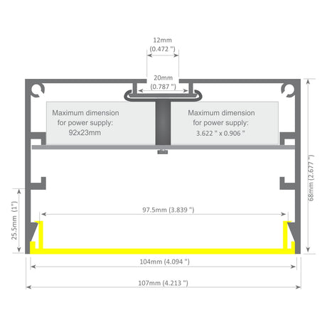 Cross-sectional diagram of the Large LED Linear Pendant Light ~ Model Bruselas, showing labeled dimensions: 107mm width, 68mm height, and a max internal power supply size of 92x23mm—ideal for commercial lighting setups.