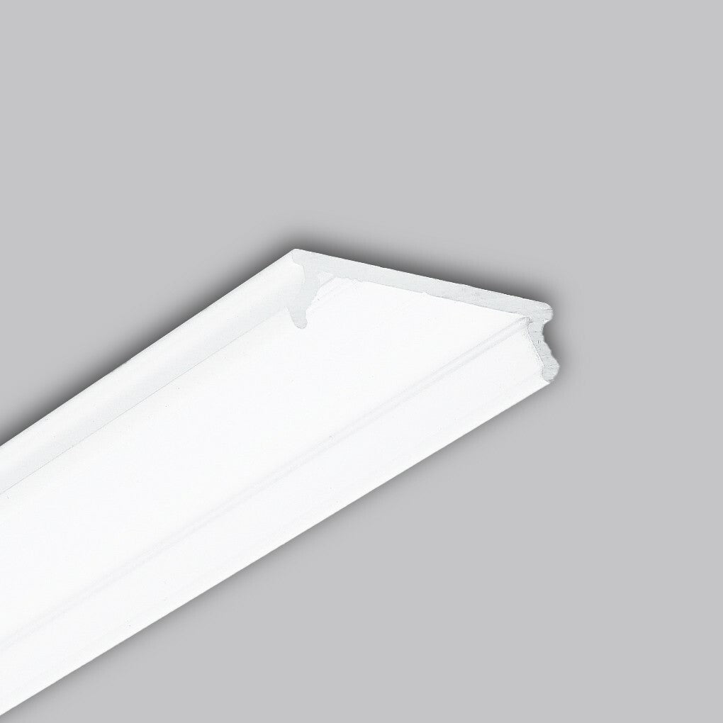 A white crown molding strip with simple, clean lines is shown against a plain gray background, featuring a C7 Click Aluminum LED Channel Cover and an integrated profile diffuser from the Pixy20 series for a modern finish.