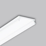 A white crown molding strip with simple, clean lines is shown against a plain gray background, featuring a C7 Click Aluminum LED Channel Cover and an integrated profile diffuser from the Pixy20 series for a modern finish.