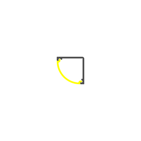 The Corner LED Channel ~ Model Cabi12 Duo features a sleek, black right-angle mount with a vibrant yellow quarter-circle arc—perfect for retail displays and showcased on a clean white background.