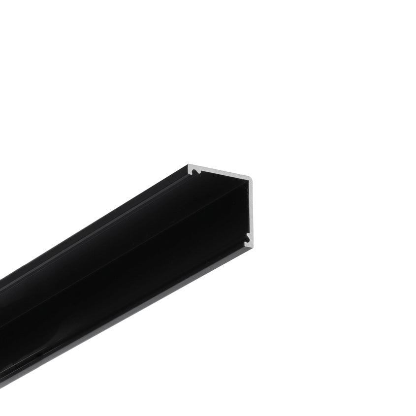 Close-up of the Corner LED Channel ~ Model Cabi12 Duo: a black, hollow rectangular extrusion with white inner edge, shown angled to display its open end—perfect for retail displays or corner mount applications.