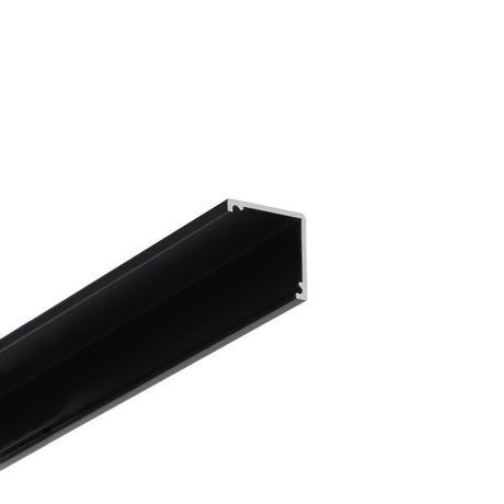 Close-up of the Corner LED Channel ~ Model Cabi12 Duo: a black, hollow rectangular extrusion with white inner edge, shown angled to display its open end—perfect for retail displays or corner mount applications.