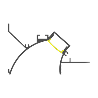 Simple line drawing of the Recessed Indirect LED Lighting Channel ~ Model Cancun, showing a cross-section with a top-right diagonal joined by a yellow-highlighted connector, plus visible notches and tabs along the aluminum channel.