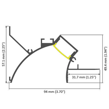 Cross-sectional diagram of the Cancun Recessed Indirect LED Lighting Channel showing labeled dimensions: 57.1 mm (2.25”) height, 94 mm (3.70”) width, 49.4 mm (1.94”) upper section, with highlighted yellow for indirect lighting applications.