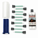 2-Part MMA Structural Adhesive for LSE Plastics – PE-Bond Kayak500 (50ml 1:1 / B-System) kit, including a cartridge labeled PE-Bond KAYAK500, eight green mixing nozzles, two blue tools, and a roll of clear material—all displayed neatly on a white background. Renowned for its strong HDPE adhesive properties.