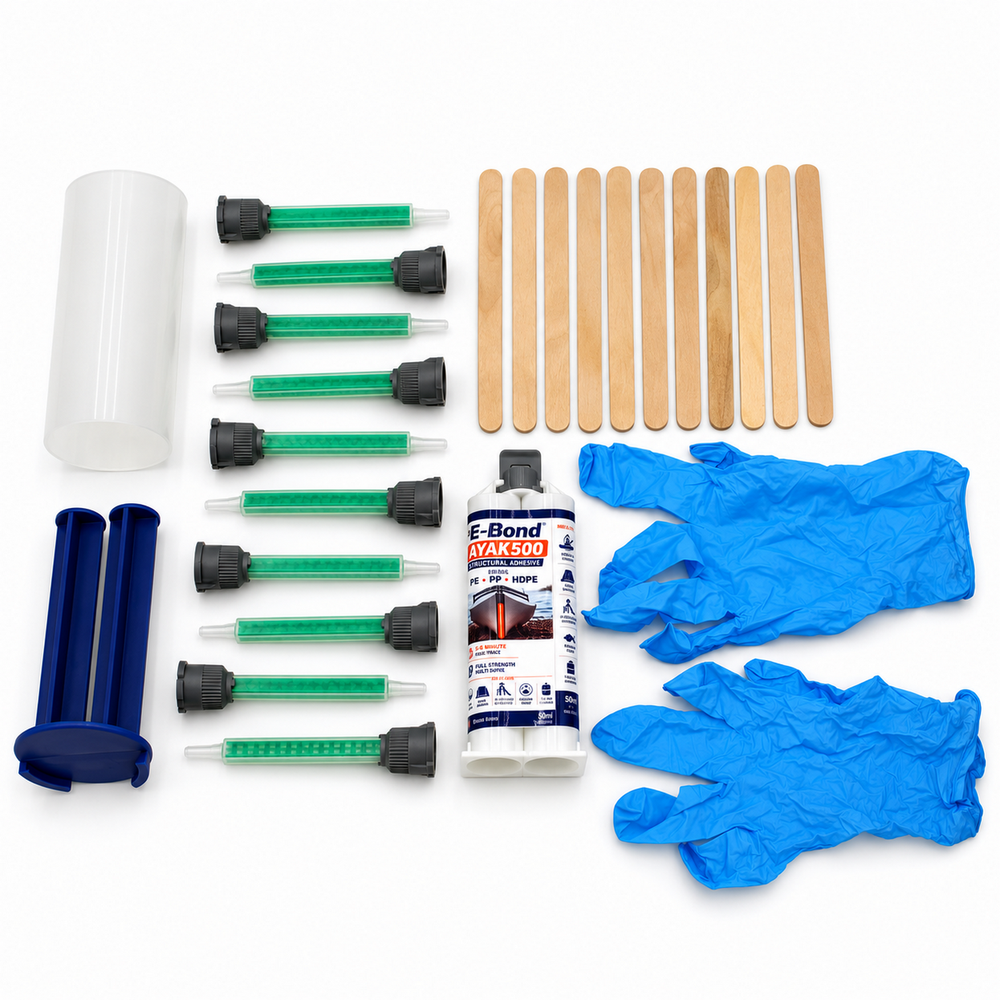 A 2-Part MMA Structural Adhesive for LSE Plastics ~ PE-Bond Kayak500 (50ml 1:1 / B-System) repair kit featuring gloves, a tube of adhesive for kayak repairs, mixing nozzles, wooden sticks, a blue applicator, and a transparent sheet, all neatly arranged on a white background.