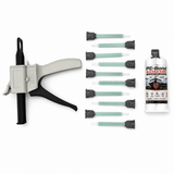 A gray caulking gun, eight mixing nozzles, and a cartridge labeled “2-Part MMA Structural Adhesive for LSE Plastics ~ PE-Bond Kayak500 (50ml 1:1 / B-System)”—a specialized adhesive designed for low surface energy plastics and ideal for kayak repair—are arranged neatly on a white background.