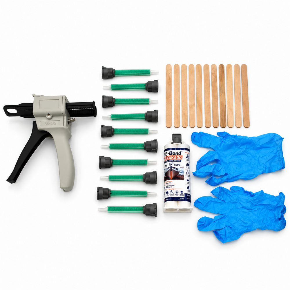 PE-Bond Kayak500 2-Part MMA Structural Adhesive kit including an adhesive application gun, a 50ml dual-cartridge HDPE tube, eight mixing nozzles, ten wooden stir sticks, and two blue nitrile gloves for kayak repair.