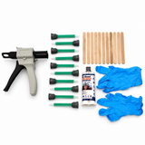 PE-Bond Kayak500 2-Part MMA Structural Adhesive kit including an adhesive application gun, a 50ml dual-cartridge HDPE tube, eight mixing nozzles, ten wooden stir sticks, and two blue nitrile gloves for kayak repair.