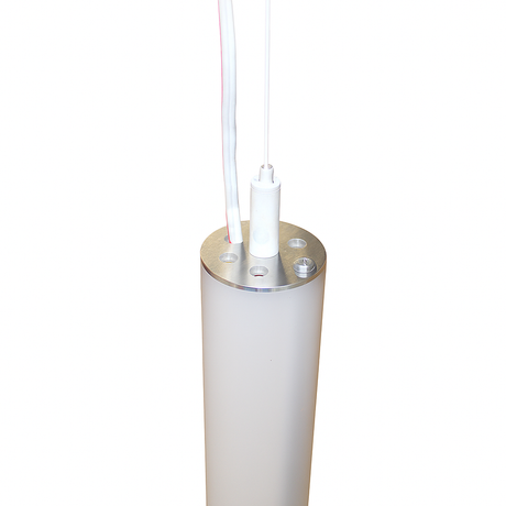 An Aluminum End Cap for Sierra38 Profile, shown detached from the fixture with multiple circular ports and three cables (two white, one red) on top, is isolated on a white background.