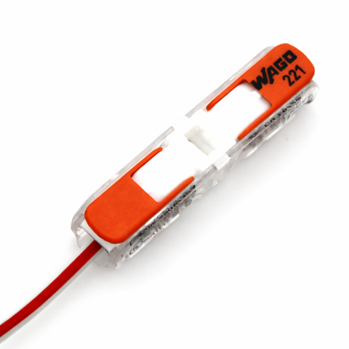 A close-up of a Wago 221 Series Inline Wire Splicing Lever-Nut Connector with an orange lever and red wire inserted, highlighting its popularity for efficient electrical wiring connections.