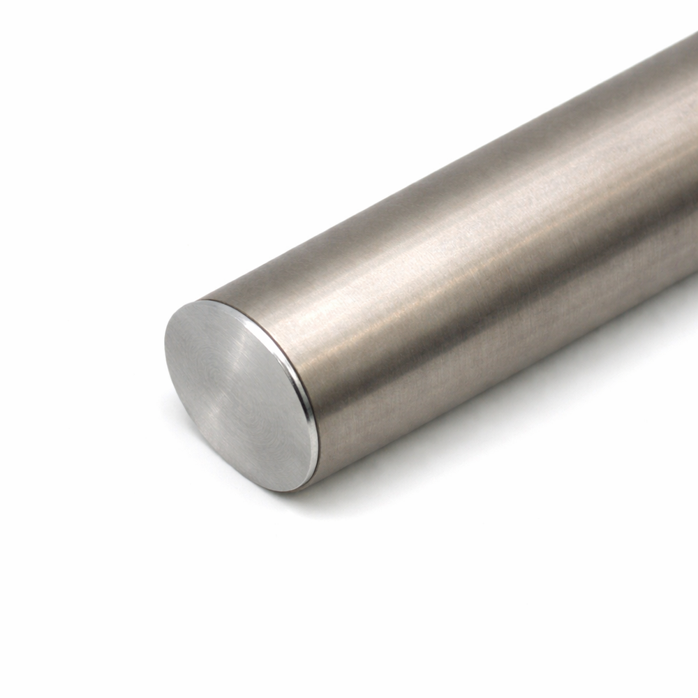A close-up of the Round Stainless Steel LED Handrail Profile ~ Model Comenza displays its brushed, cylindrical design and flat circular end at an angle on a white background.
