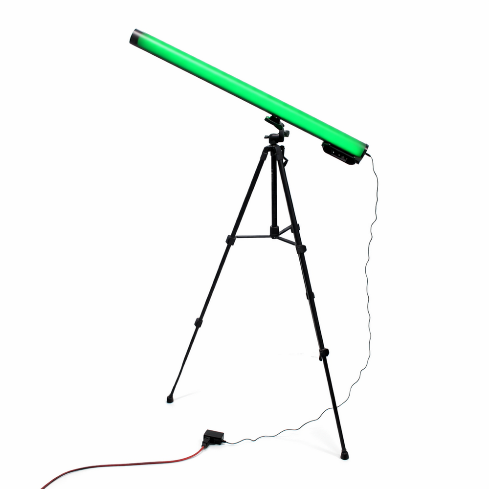 The Portable Long Range Casambi RGBW Tube Light, in green, is mounted on a black tripod stand with a foot switch and power cord—perfect for stage lighting—shown against a plain white background.
