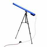 A Portable Long Range Casambi RGBW Tube Light in blue, mounted on a black tripod and connected by cable to power, stands against a white background—perfect for stage lighting setups.