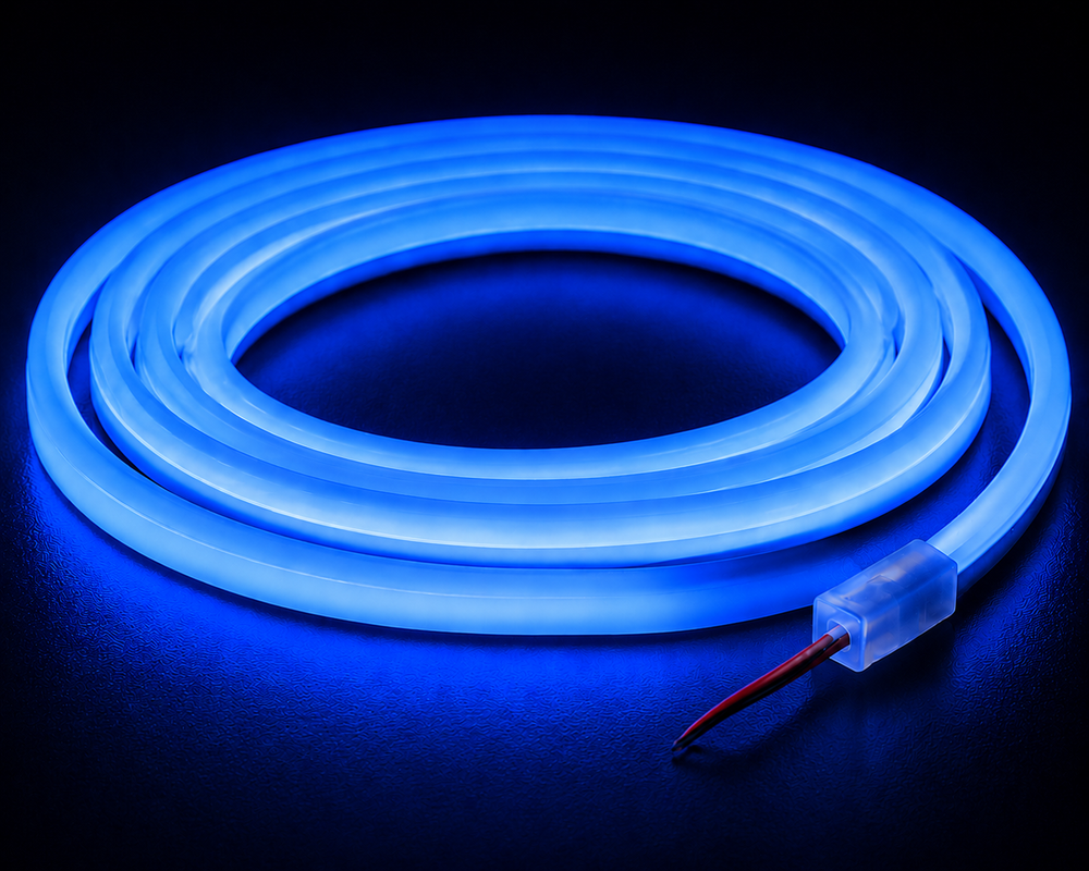 The Color IP44/IP66 Neon Flexible LED Light Line (24V) ~ Flex Ultra Slim Series is shown coiled, glowing blue with a clear connector and red-black wires on a dark, reflective surface.