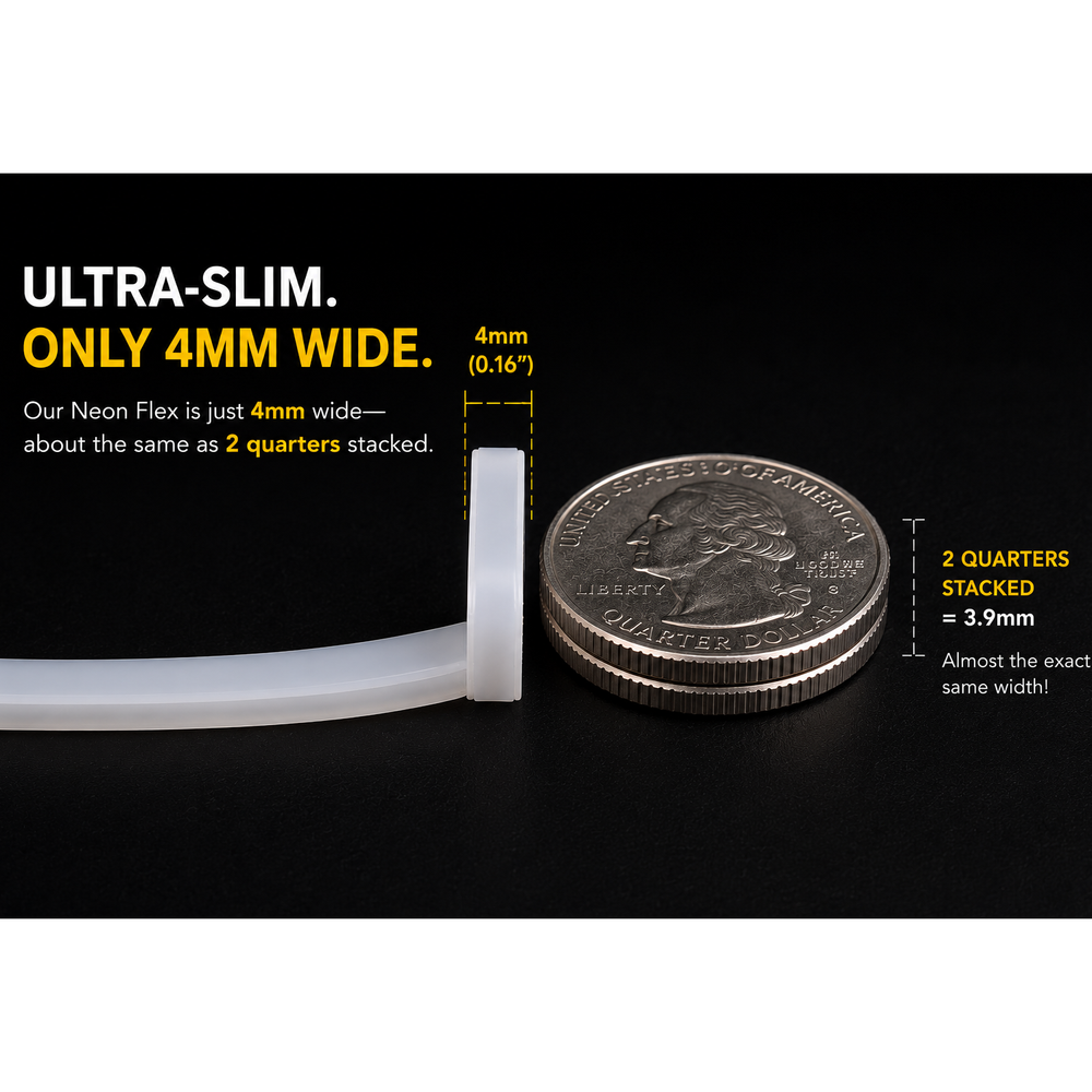 The Color IP44/IP66 Neon Flexible LED Light Line (24V) ~ Flex Ultra Slim Series, just 4mm wide, stands upright beside two stacked U.S. quarters—its slim profile nearly matches the coins’ 3.9mm thickness for a truly sleek look.