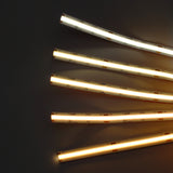 Five LED light strips—including the UniBasic Series COB IP20 Dotless LED Strip (24V) and a high CRI LED strip—span from warm yellow to cool white, arranged in parallel on a dark background.