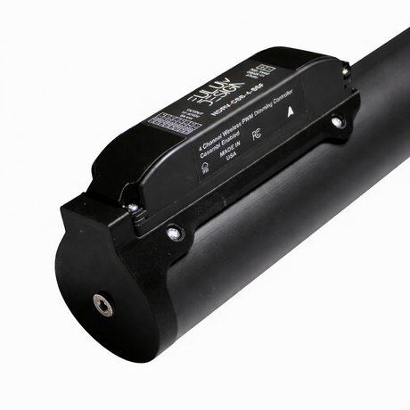 A close-up of the Portable Long Range Casambi RGBW Tube Light, a black cylindrical device with a mounted control unit labeled “SUNKY,” visible screws, indicator symbols, ports, and a metallic circular connector at one end.
