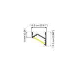 Cross-section diagram of a gray object, identified as the 30/60 Degree Corner LED Channel (Model Corner10.v2), displaying three thickness measurements: 6 mm (0.24″), 16.1 mm (0.63″), and 15.2 mm (0.60″). Two yellow lines inside the structure indicate ideal mounting positions for a surface-mounted LED strip to achieve optimal illumination.
