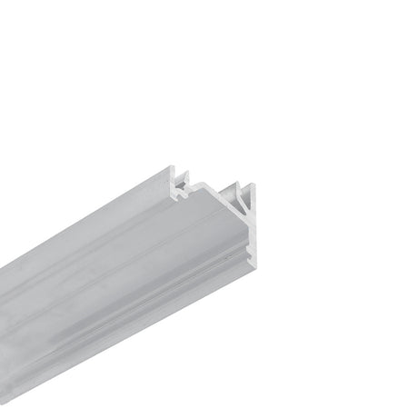 A close-up of the Surface Mount Corner LED Channel (Model Corner12.v2) in silver aluminum, featuring a channel and grooves. Ideal for under cabinet lighting or building frameworks. Set against a plain white background.