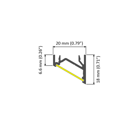 Cross-sectional diagram of the Surface Mount Corner LED Channel (Model Corner12.v2) with a slanted yellow line. Dimensions: 20 mm (0.79") wide, 18 mm (0.71") tall, and 6.6 mm (0.26") at the top left—ideal for LED strip mounting.