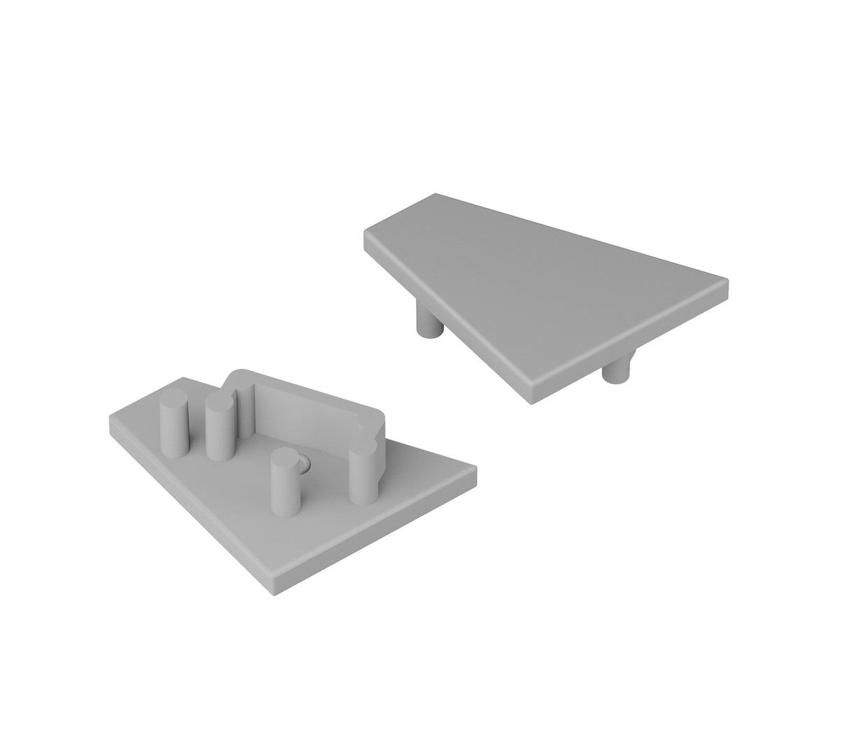 Two gray, triangular plastic End Caps for Corner12.v2 Profile are shown from multiple angles on a white background; each cap has pegs on the underside and is designed as an accessory for the Corner12.v2 lighting profile.