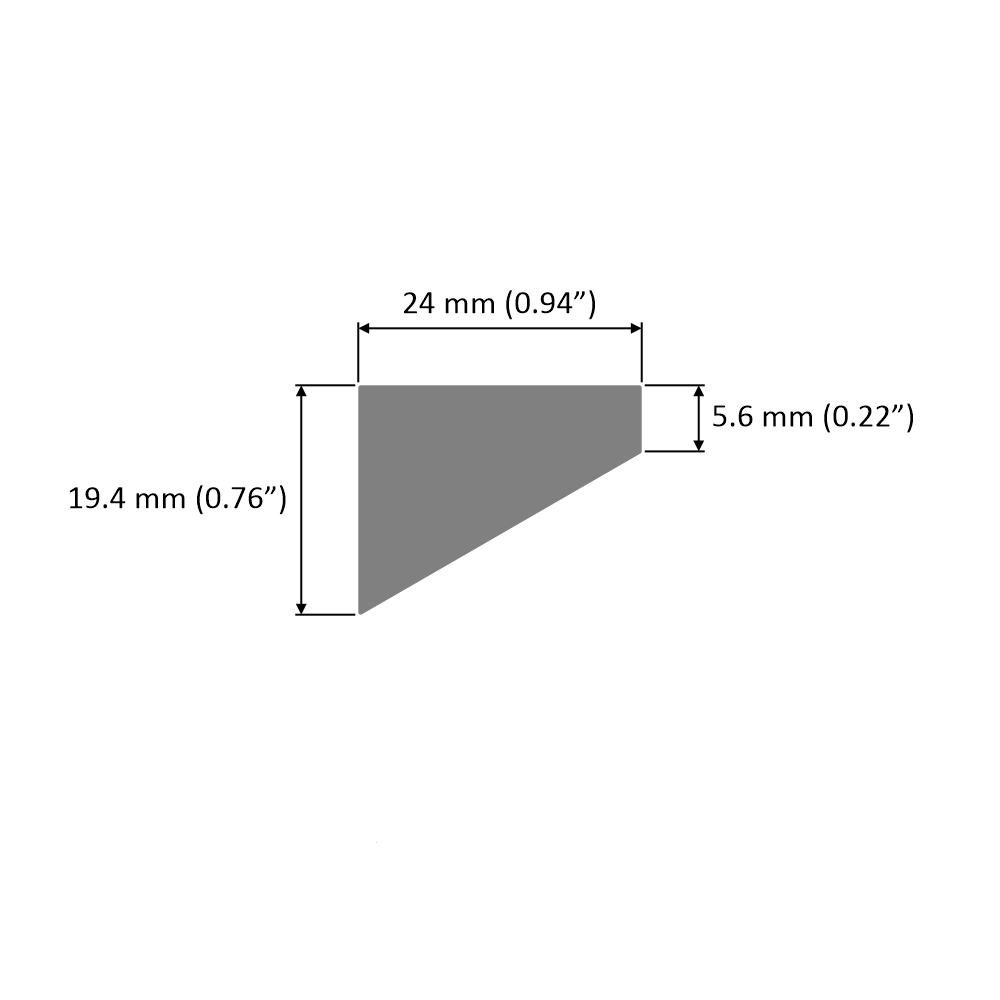 The White Universal Surface-mount LED Corner Lighting Fixture (24V) ~ Corner14 Series features a right trapezoid shape: 24mm base, 19.4mm height, and 5.6mm top edge. All dimensions are arrow-labeled—ideal for under cabinet or surface mount lighting.