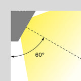 A diagram shows the White Universal Surface-mount LED Corner Lighting Fixture (24V) ~ Corner14 Series casting a yellow 60-degree beam, marked by a dashed line and curved arrow, onto a gray and white background with shaded corner.