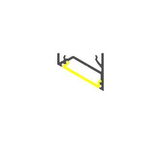 Minimalist illustration of the Surface Mount Corner LED Channel ~ Model Corner16, featuring a black bracket with a yellow diagonal accent for under-cabinet LED lighting, shown on a plain white background.