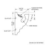 Technical drawing of the LED Foam Cove Light Molding ~ Model Cornice CoveLight, showing labeled dimensions, glue slots, wire recess, and optional Yukon heatsink. One end is marked CAN BE CUT OR MITRED—ideal for LED lighting accessories.