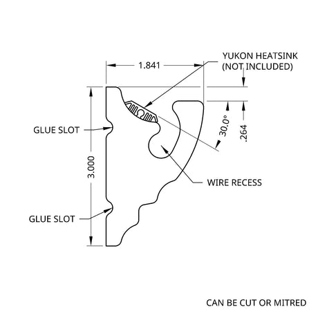 Technical diagram of LED Foam CoveLight Moulding ~ Model Cornice CoveLight cross-section with labeled dimensions, glue slots, wire recess, and space for a Yukon heatsink (not included). Can be cut or mitred.