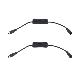 Two DC Inline On/Off Switch Power Cable Connectors, black with DC barrel connectors at each end, ideal for powering LED lights or other DC devices, are placed parallel on a white background.