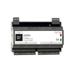 The DIN-rail 12-Channel Constant Voltage LED Dimmer (Model DLD1248-12CV-DMX) features multiple terminal connections, indicator lights, front-panel technical info, and supports DMX control for advanced lighting adjustments.