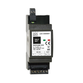The DIN-rail 1-Channel LED Dimmer with 0-10V Control (Model DLD1248-1CV) features a rectangular design, multiple terminals, digital PWM control, and front panel indicators for specs and certifications.