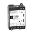 A black rectangular RGBW 4-Ch Constant Current LED Controller (Model DLX1224-4CC350-DALI, 350mA, DALI) features connection terminals, indicator lights, and technical info on its white front panel, set against a gray background.