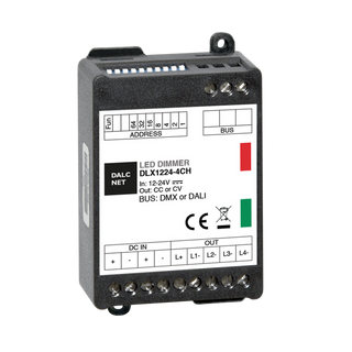 A black rectangular RGBW 4-Ch Constant Current LED Controller (Model DLX1224-4CC350-DALI, 350mA, DALI) features connection terminals, indicator lights, and technical info on its white front panel, set against a gray background.