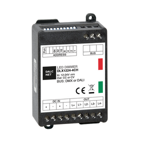 The DMX 4-Ch Constant Current LED Controller (350mA), model DLX1224-4CC350-DMX, is a black rectangular device with input/output terminals, indicator lights, and specs on the white front panel, designed for RGBW color outputs.