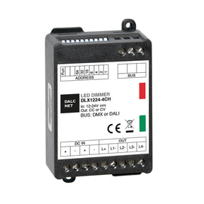 A black rectangular RGBW 4-Ch Constant Current LED Controller (Model DLX1224-4CC500-DALI, 500mA) features DALI support, multiple screw terminals, indicator lights, a CE mark, and front-panel wiring diagrams.
