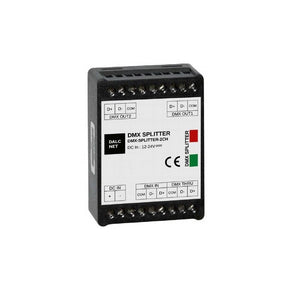 A black rectangular 2-Channel DMX Bus Splitter (Model DMX-SPLITTER-2CH-RDM) with labeled terminal ports, indicator lights, a DMX/RDM input, and technical info for DMX512+RDM buses appears on its label.