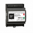 The 4-Channel DMX Bus Splitter for Lighting Control Systems (Model DMX-SPLITTER-4CH-RDM-LE) features labeled input/output ports, indicator lights, a DALCNET logo, and is DIN rail-mountable for reliable DMX/RDM signal distribution.