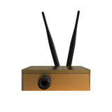 The Casambi Ultra Long-Range Dual-Antenna Signal Repeater (Eulum EKKO-CSB-T) is gold-colored with two black antennas and a circular black front port, designed to boost Casambi signal coverage; shown against a white background.