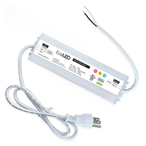 The Non-Dimmable Plug-In LED Driver (24V) ~ EnoLED ELD Series is a rectangular, white UL-listed power supply with labeled specs, two stripped output wires, and an attached white cord featuring a standard two-prong plug.