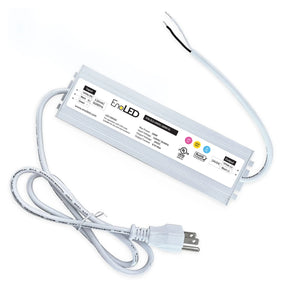 The EnoLED ELD Series Non-Dimmable Plug-In LED Driver (24V) is a UL-listed rectangular white power supply with a plug-in power cord on one side and two stripped wires on the other, featuring clear specifications and symbols.