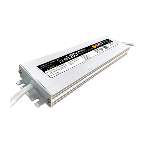 A rectangular Non-Dimmable Plug-In LED Driver (24V) ~ EnoLED ELD Series with a white label, two white cables on each end, and side mounting brackets is shown against a white background.