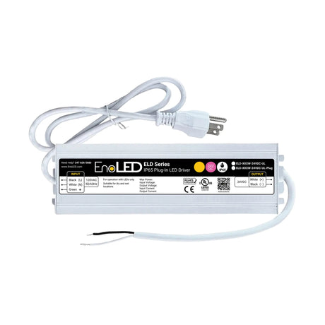 Non-Dimmable Plug-In LED Driver (24V) ~ EnoLED ELD Series features a rectangular design, white power cord, and plug; product label shows technical details, specs, certification icons, and safety warnings.