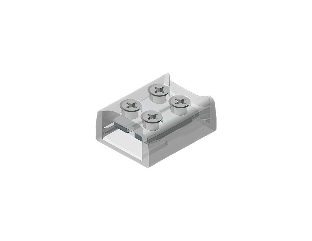The 2-Pin Solderless White LED Strip Screw Connector (10mm) from the EnoLED Series is a transparent, rectangular plastic connector featuring four round holes on top, each with a cross-shaped metal contact to securely hold electrical wires. Ideal as a COB LED strip connector or 10mm LED tape connector, it provides reliable and efficient power connectivity for your lighting projects.
