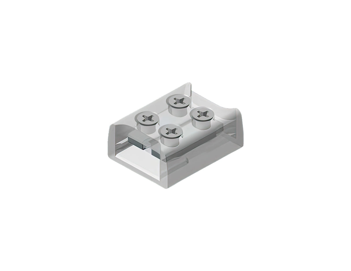 The 2-Pin Solderless White LED Strip Screw Connector (10mm) from the EnoLED Series is a transparent, rectangular plastic connector featuring four round holes on top, each with a cross-shaped metal contact to securely hold electrical wires. Ideal as a COB LED strip connector or 10mm LED tape connector, it provides reliable and efficient power connectivity for your lighting projects.